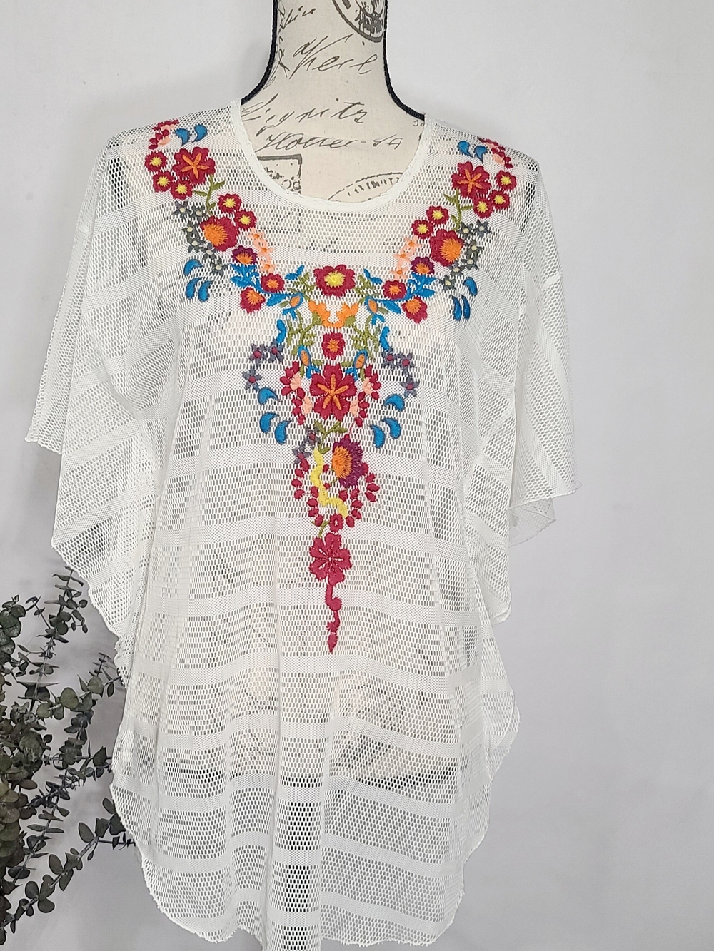 Womans White Crochet Tunic with Multicolor Floral Embroidery